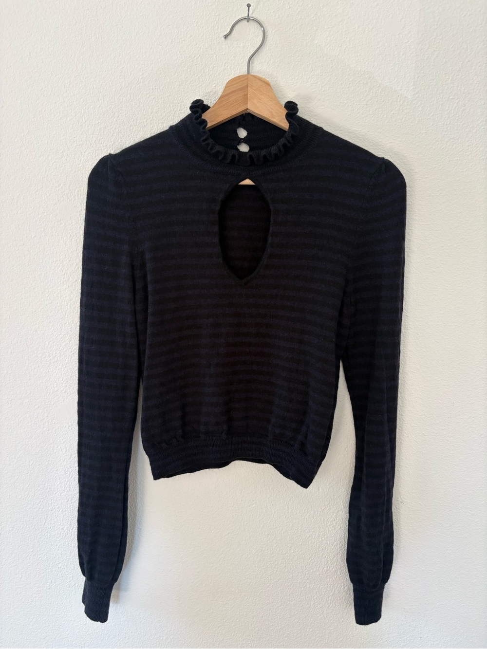 Women's Black & Navy Striped Keyhole Ruffle Neck Long Sleeve Sweater